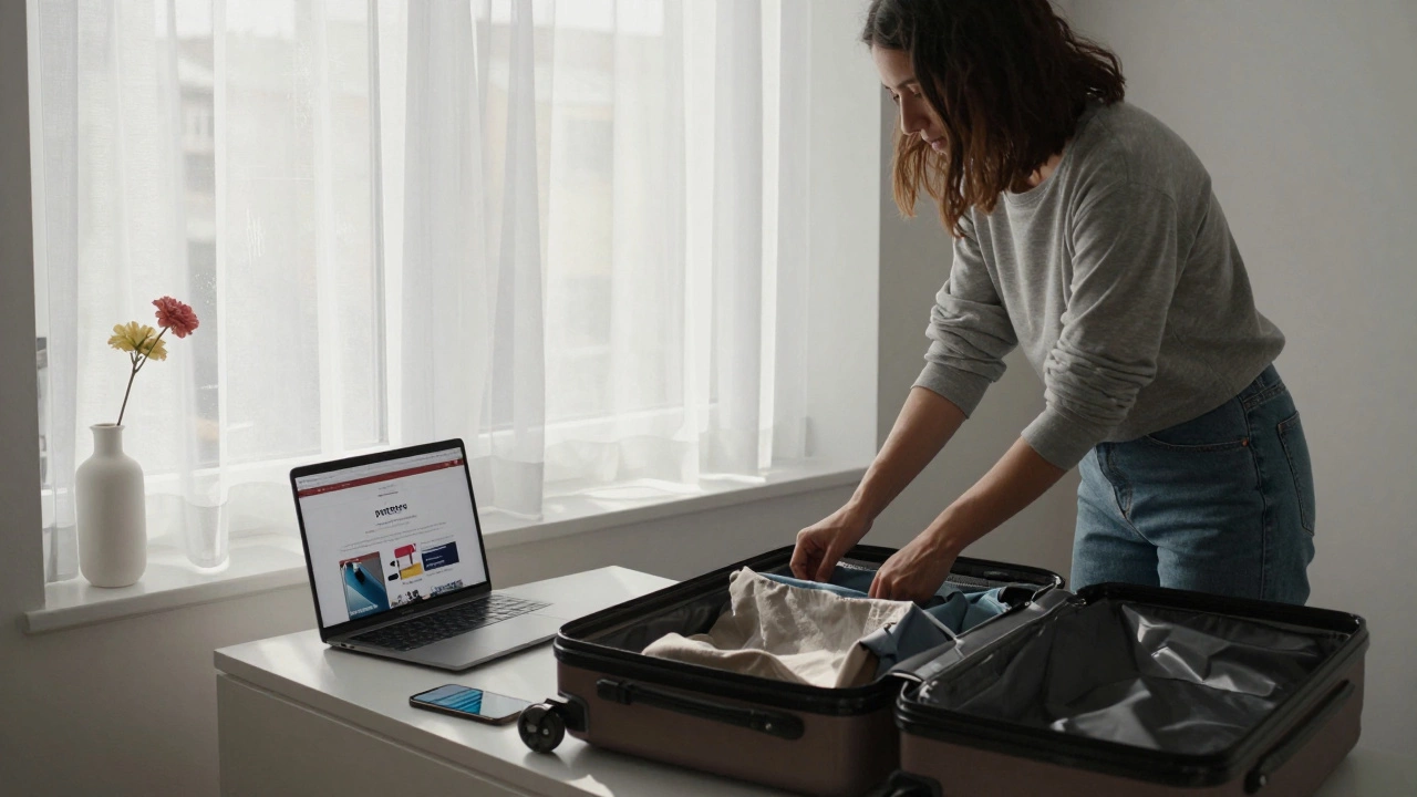 A woman packing in her Lyon apartment, working independently with encrypted messages on screen.