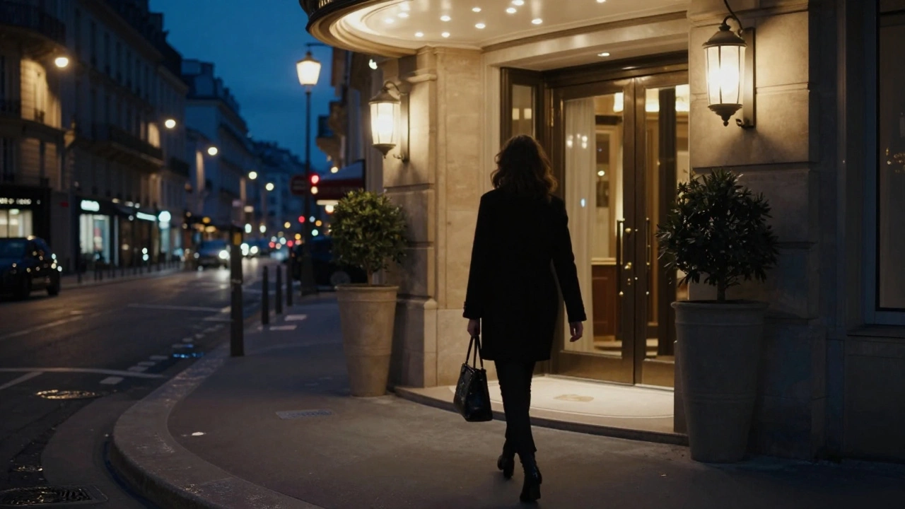 A woman walking alone at night near a Paris hotel, bathed in soft streetlight.