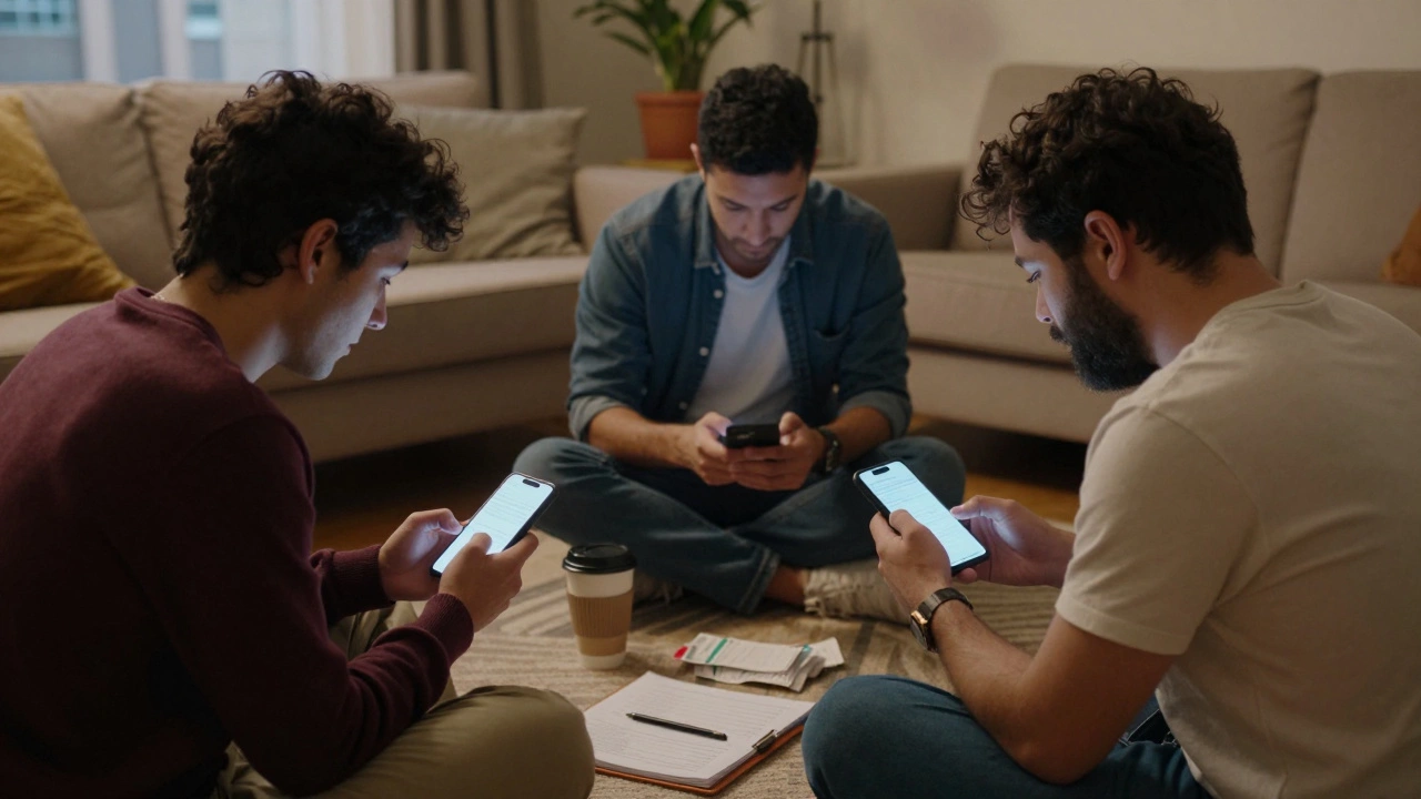 Three trans men in different cities sharing messages on their phones, surrounded by personal items.