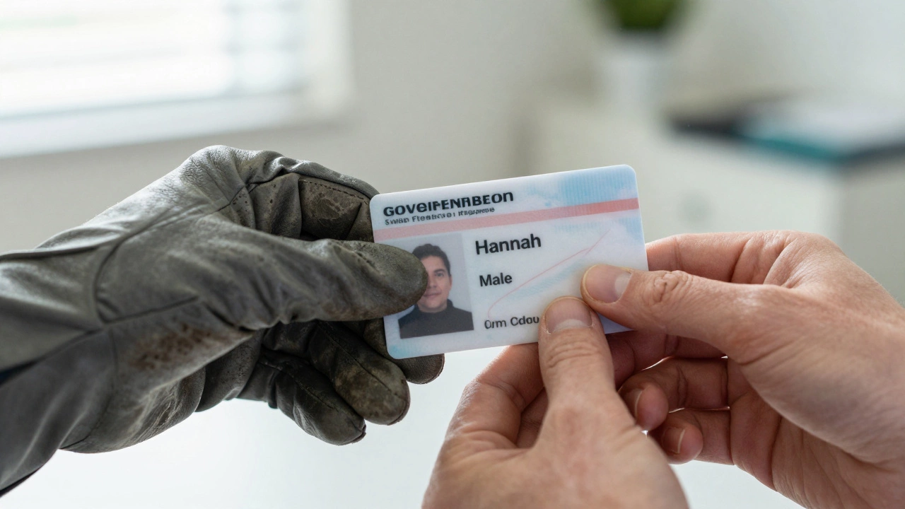 Two hands holding a new ID card showing the name &#039;Hannah&#039; and &#039;Male&#039; in natural daylight.